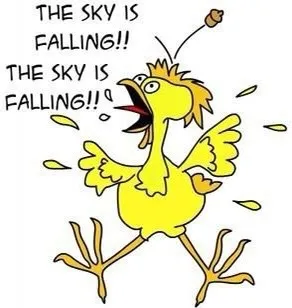 Screaming chicken with mouth open, text reads "the sky is falling" twice
