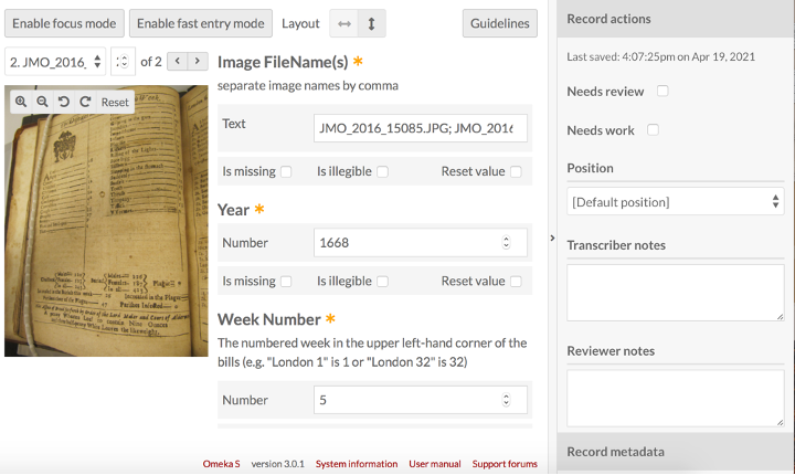 screenshot of datascribe interface showing image to be transcribed and data entry boxes