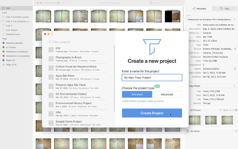 Example of the prompt to create a new project and select a project type in Tropy.